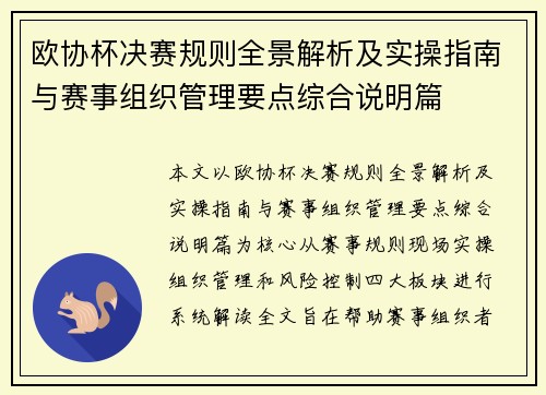 欧协杯决赛规则全景解析及实操指南与赛事组织管理要点综合说明篇