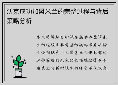 沃克成功加盟米兰的完整过程与背后策略分析